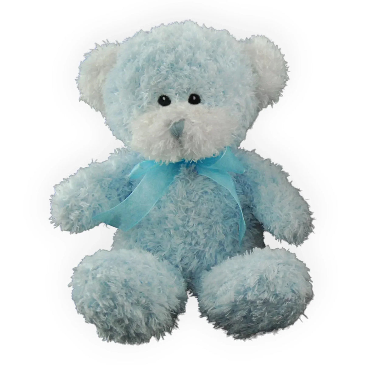 Soft blue plush teddy bear with ribbon bow, perfect for nursery décor or baby gift