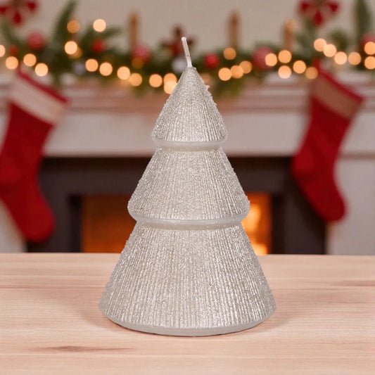Sparkling silver Christmas tree candle for festive home dรฉcor
