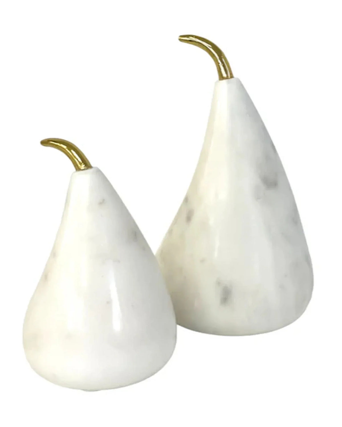 White marble pear sculptures with gold stems, elegant home decor accents