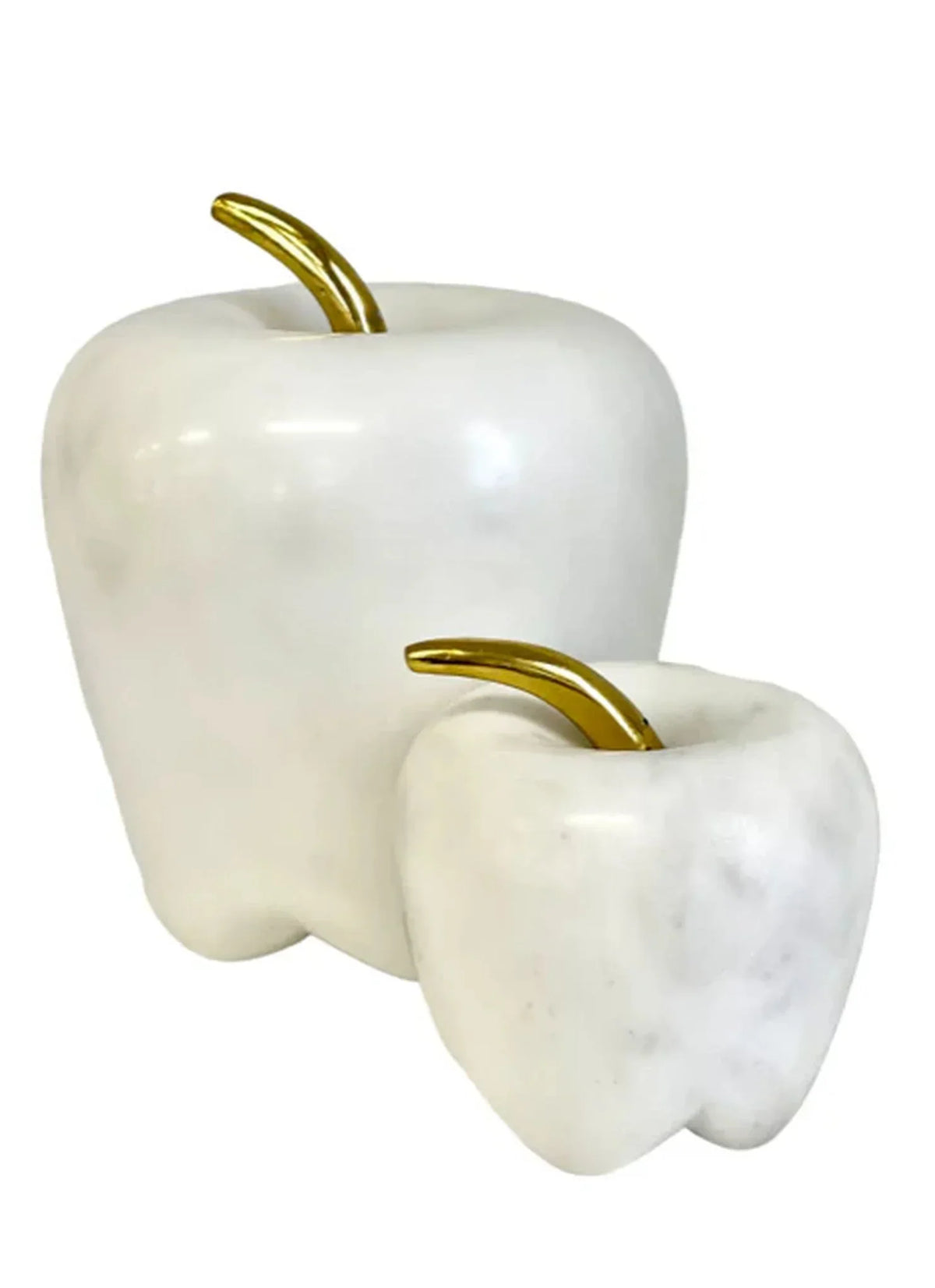 White marble apple sculptures with gold stems, elegant home dƩcor accents