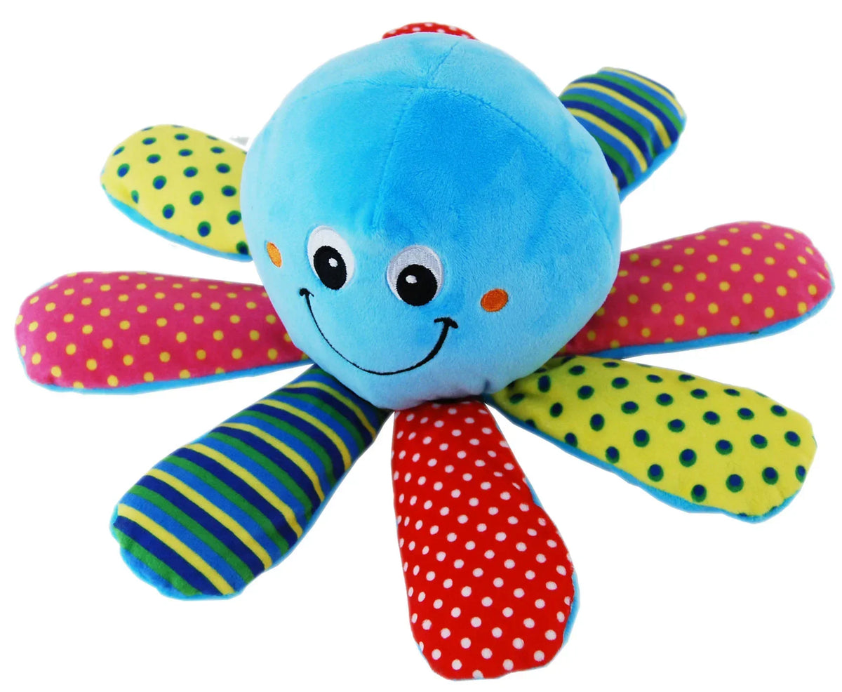 Blue octopus plush toy with colorful polka dot and striped tentacles, soft baby toy