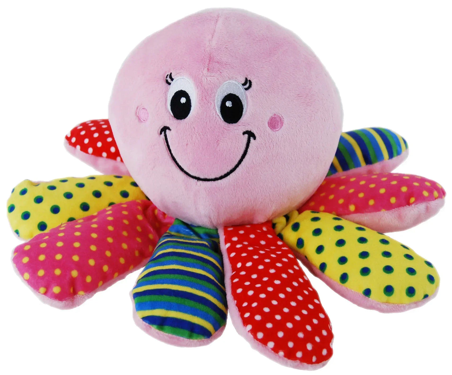 Pink plush octopus toy with colorful polka dot and striped tentacles, perfect for kids' room decor