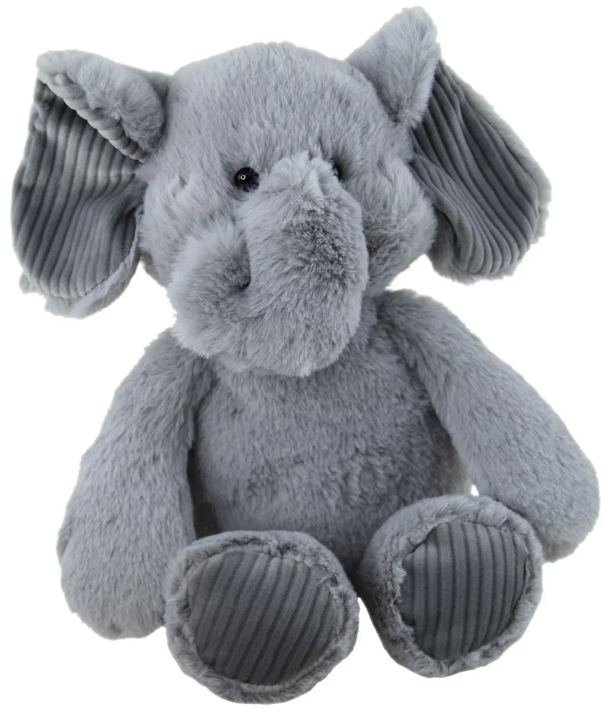 Soft gray plush elephant with corduroy ears and feet, cozy home decor accent