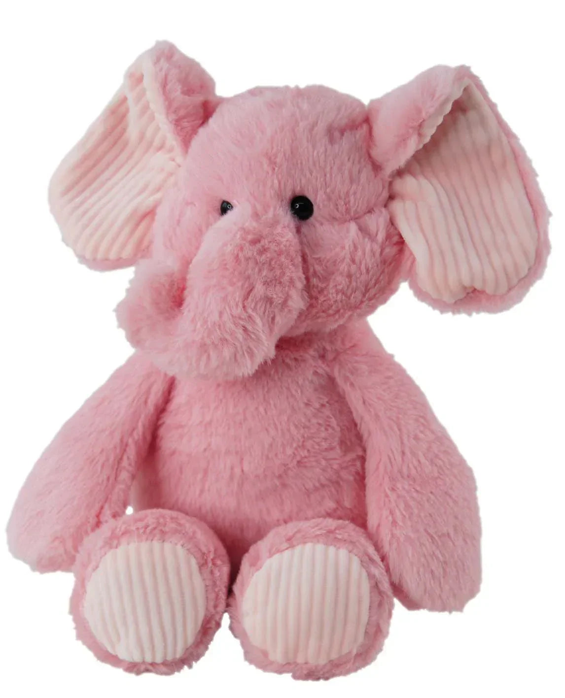 Soft pink plush elephant toy with corduroy ears and feet, perfect for nursery dƩcor or baby gifts