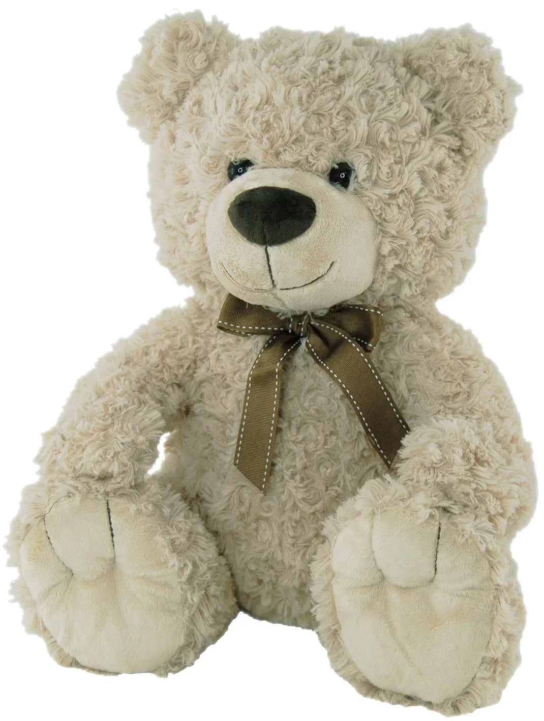 Cream curly fur teddy bear with brown ribbon bow, soft plush home décor accent