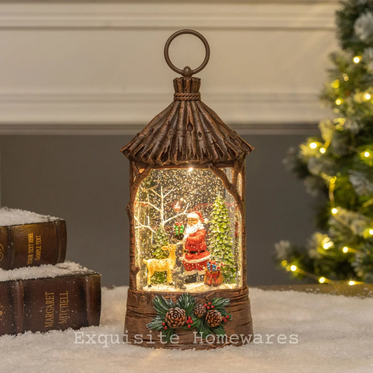 Rustic Christmas lantern with Santa, reindeer, and snow globe effect, perfect for holiday home decor