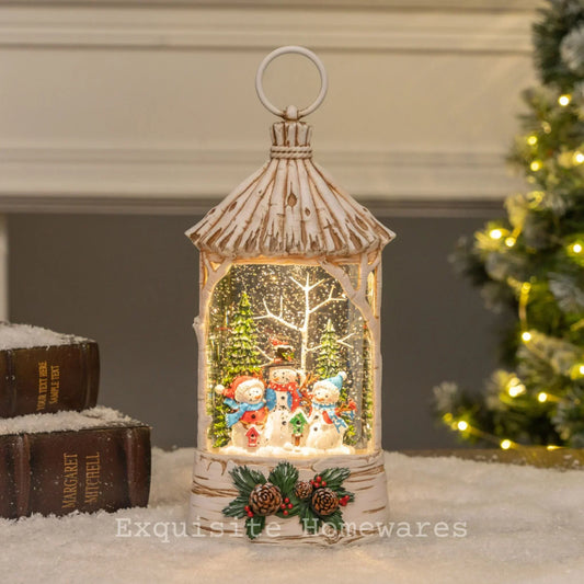 Birch-style lantern with glowing snowman scene, festive holiday decor for Christmas home styling