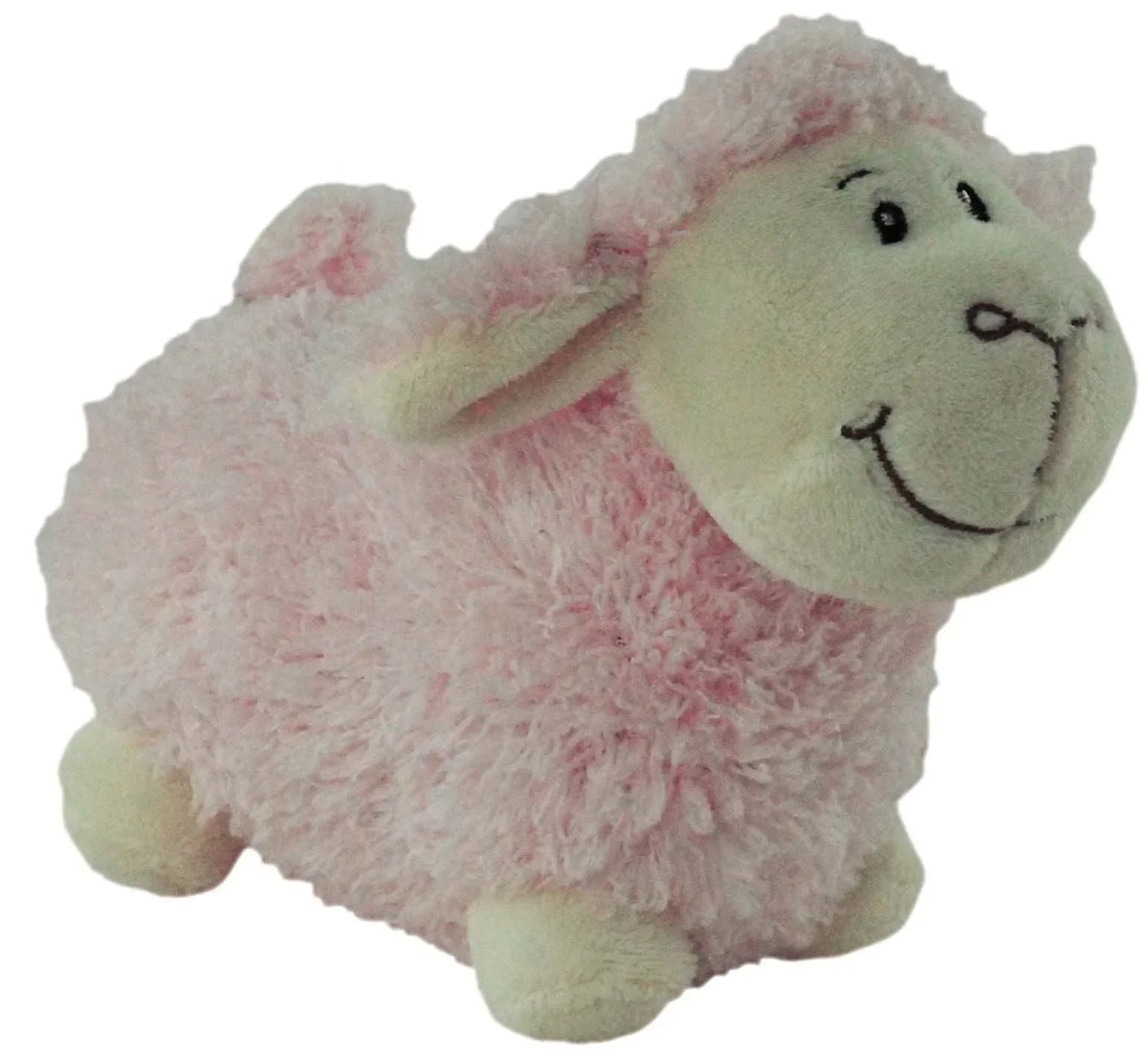Pink fluffy sheep plush toy with smiling face, soft home dƩcor accent