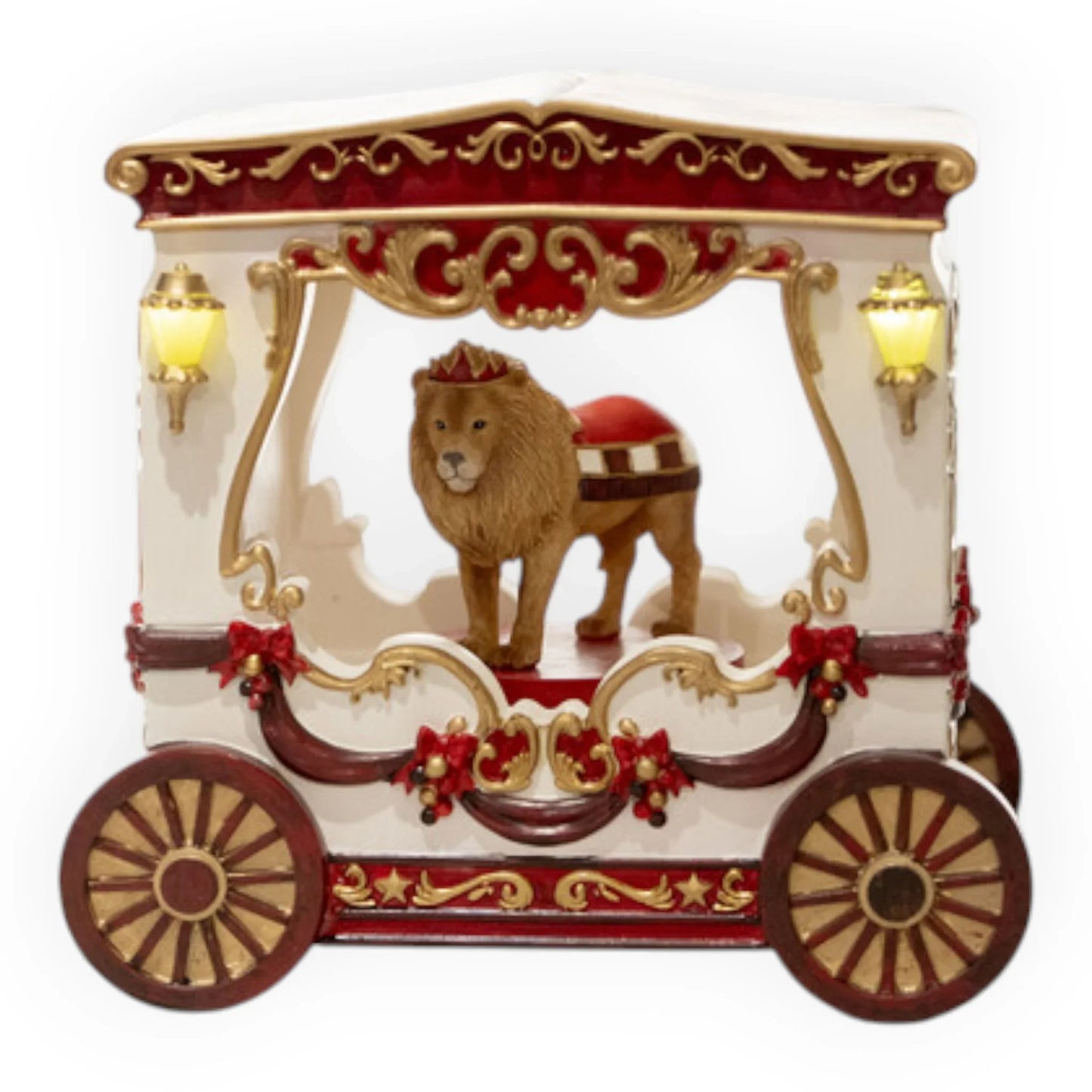 Ornate circus wagon with crowned lion, red and gold accents, vintage home décor