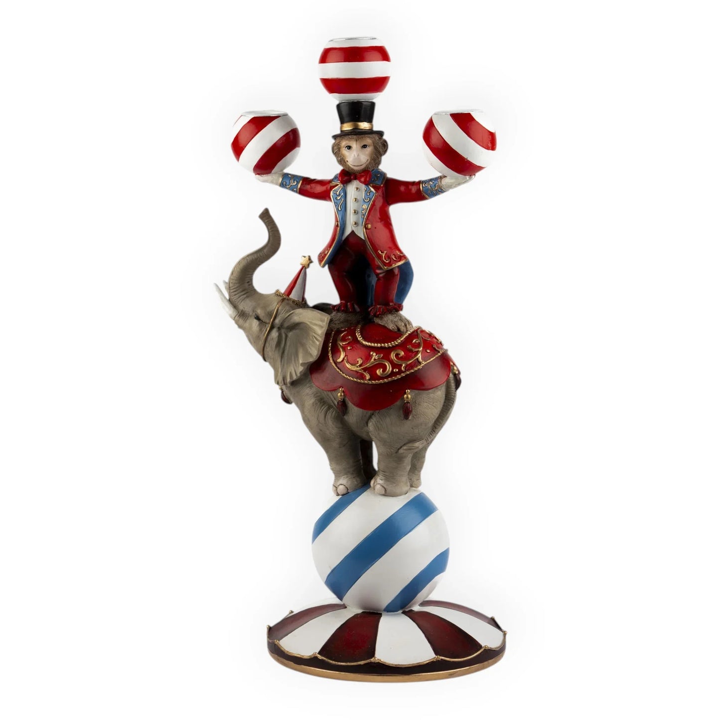 Circus monkey figurine in red coat balancing on elephant atop striped ball, vintage home décor accent