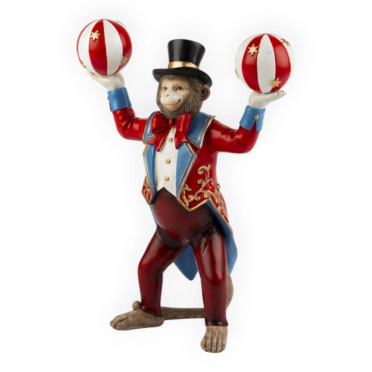 Circus monkey figurine in red and blue ringmaster outfit holding striped balls, vintage home décor accent