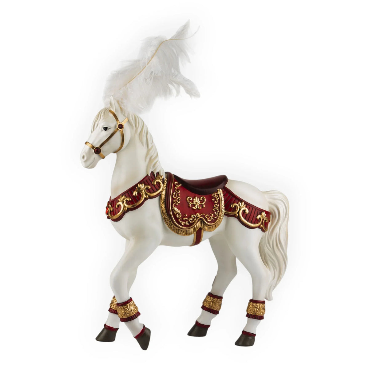Elegant white horse figurine with red and gold carousel saddle, feather plume, and ornate detailing for home décor