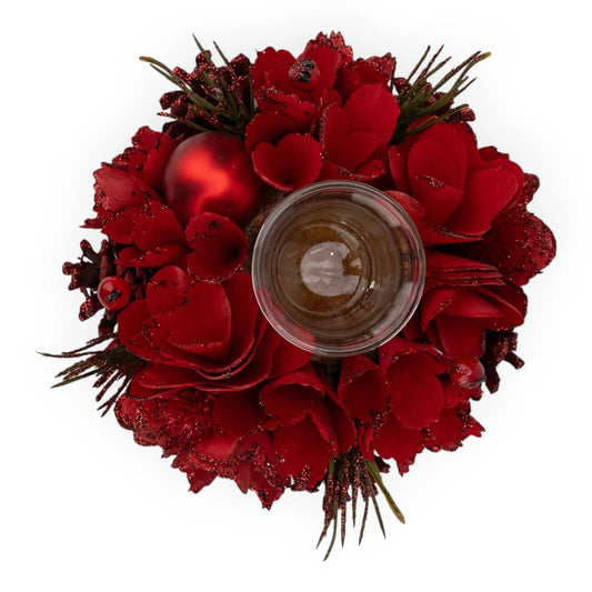 Red glittery floral candle holder with pine accents, festive home décor centerpiece