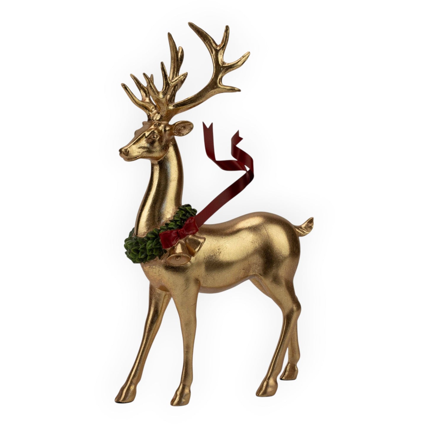 Gold Standing Red Metal Ribbon Deer - 32cm