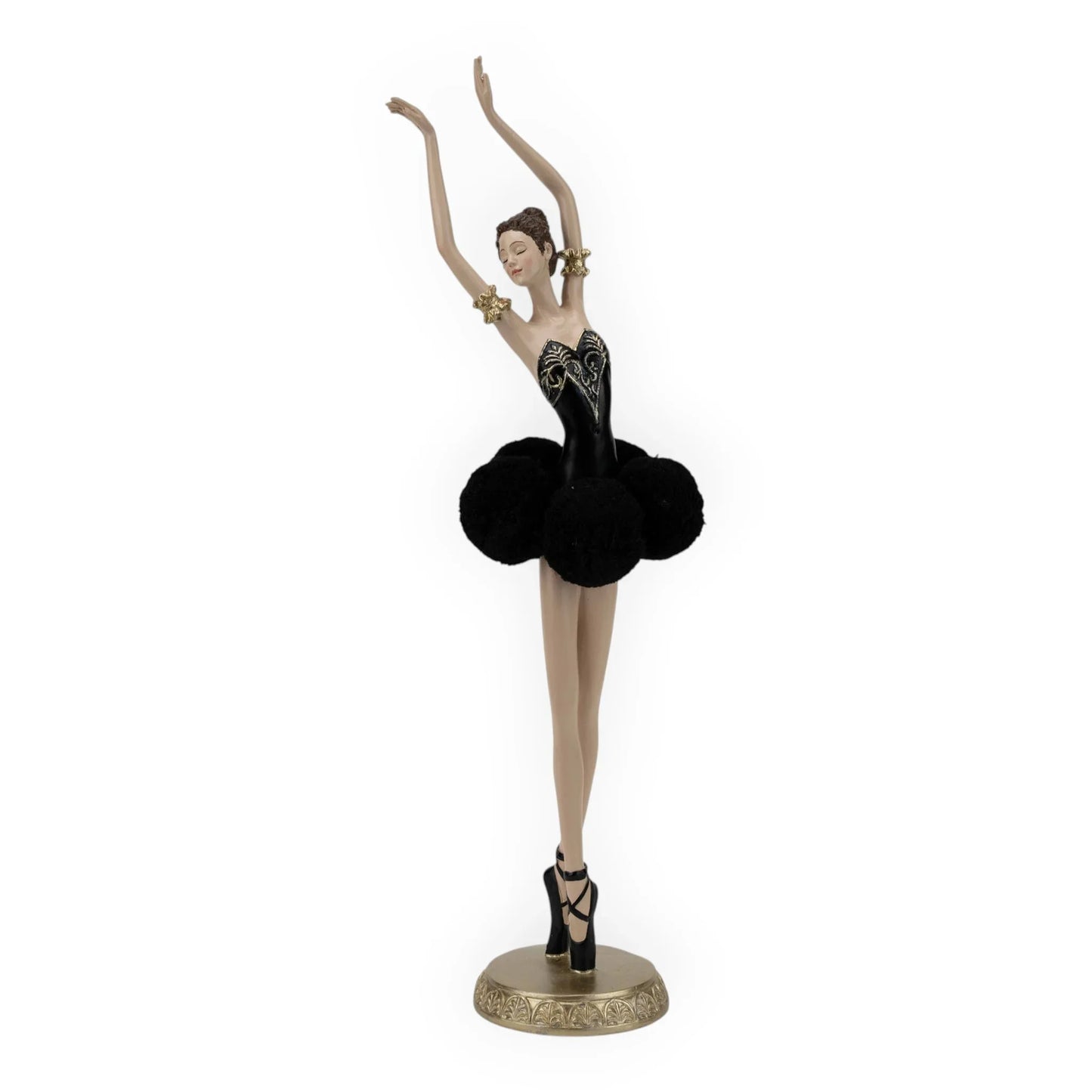 Elegant black ballerina figurine with gold accents, perfect for home décor and vintage-inspired interiors.