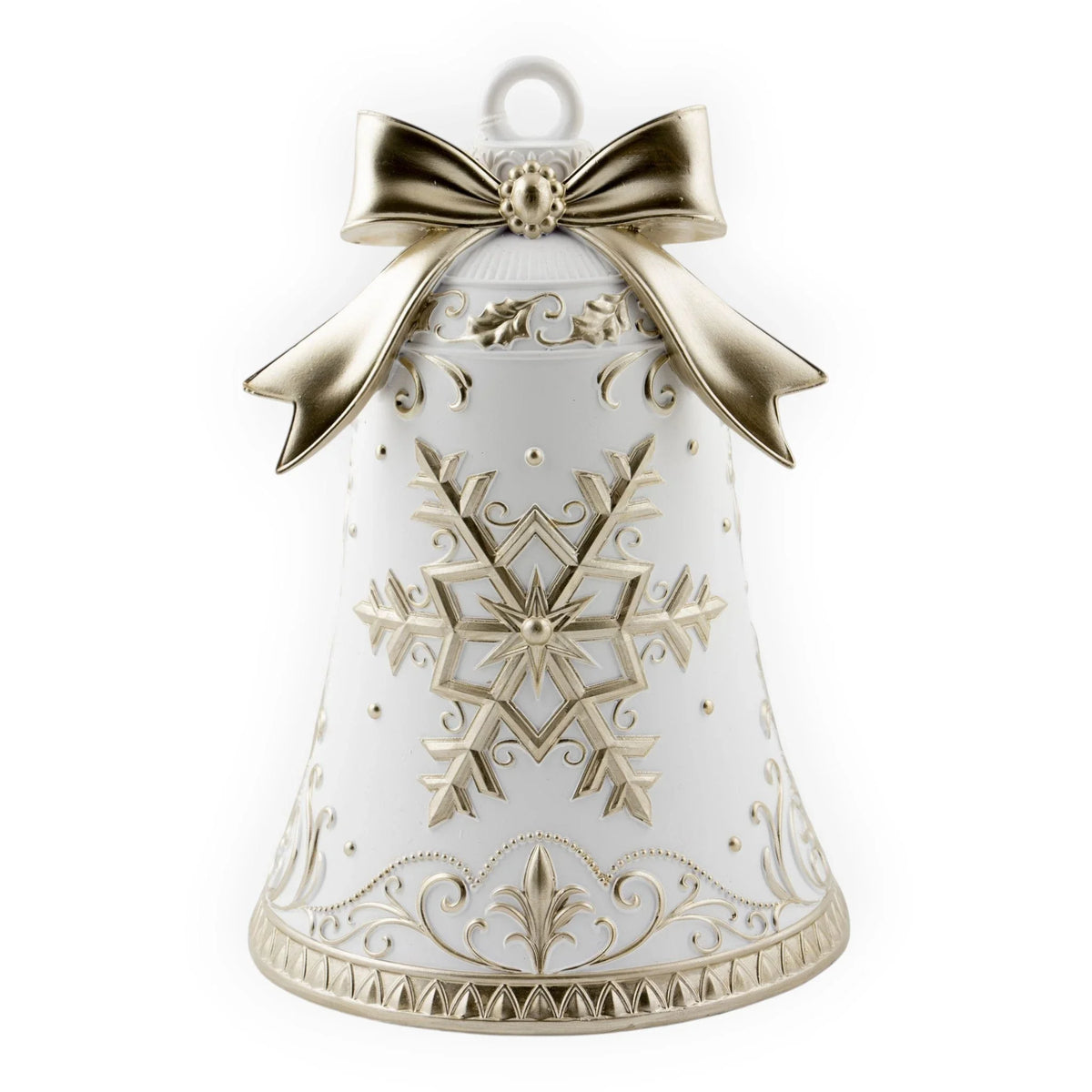 White Christmas bell ornament with gold snowflake, bow, and scrollwork for festive home décor