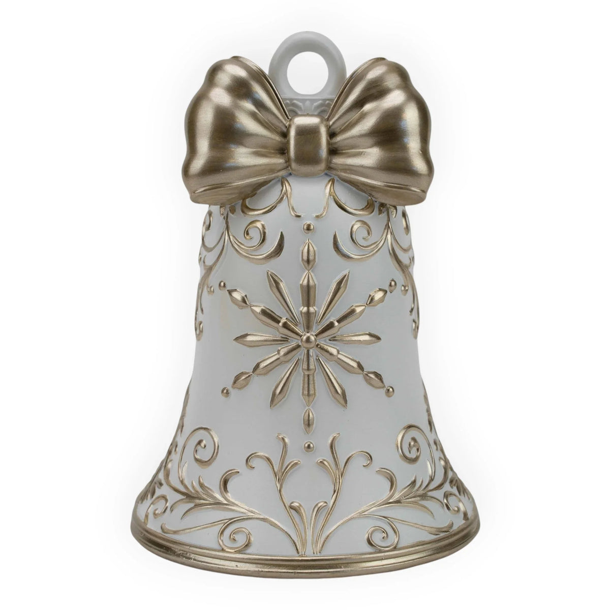 Elegant white and gold holiday bell ornament with bow, perfect for Christmas décor and festive home styling.