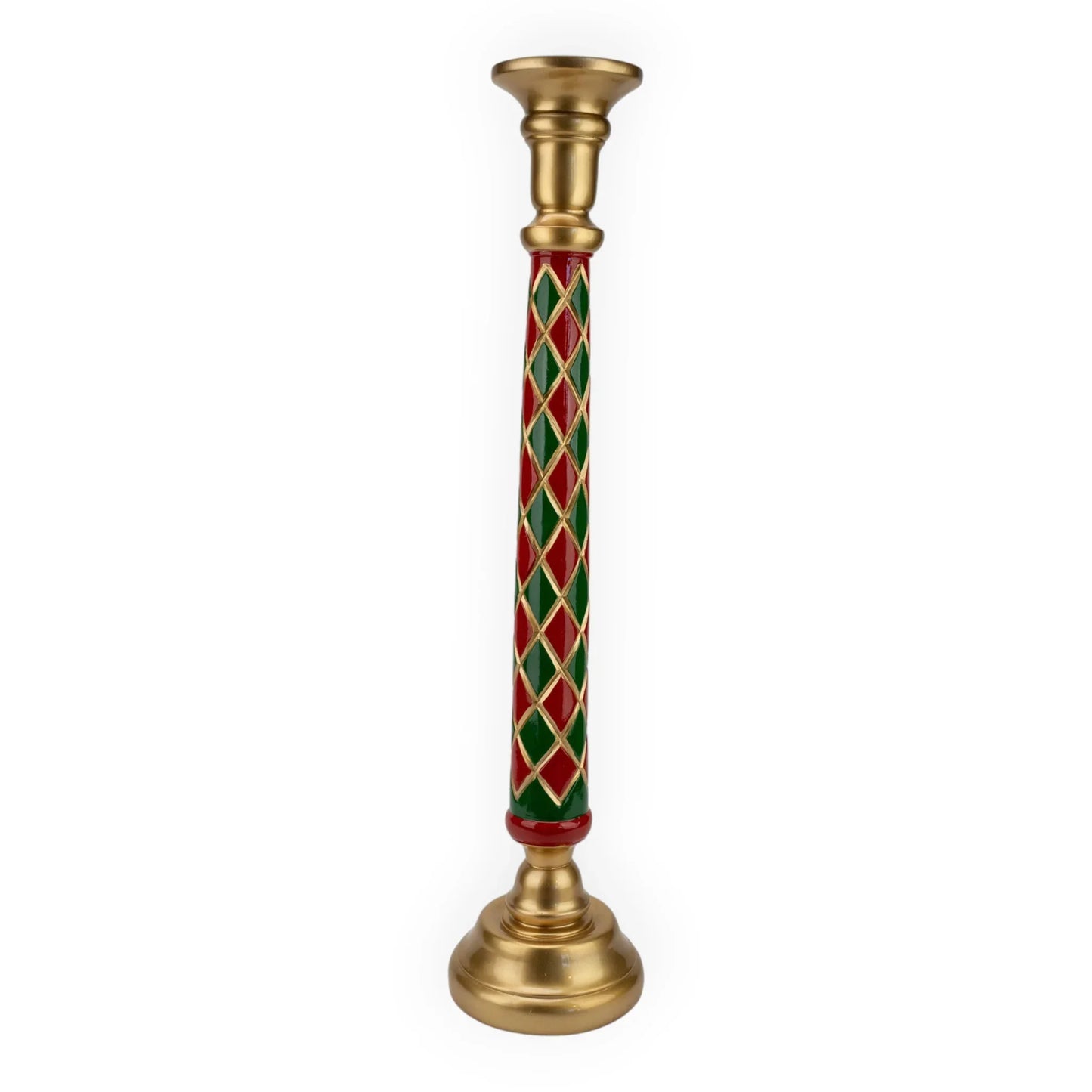 Tall gold candlestick with red and green diamond pattern, elegant home décor accessory
