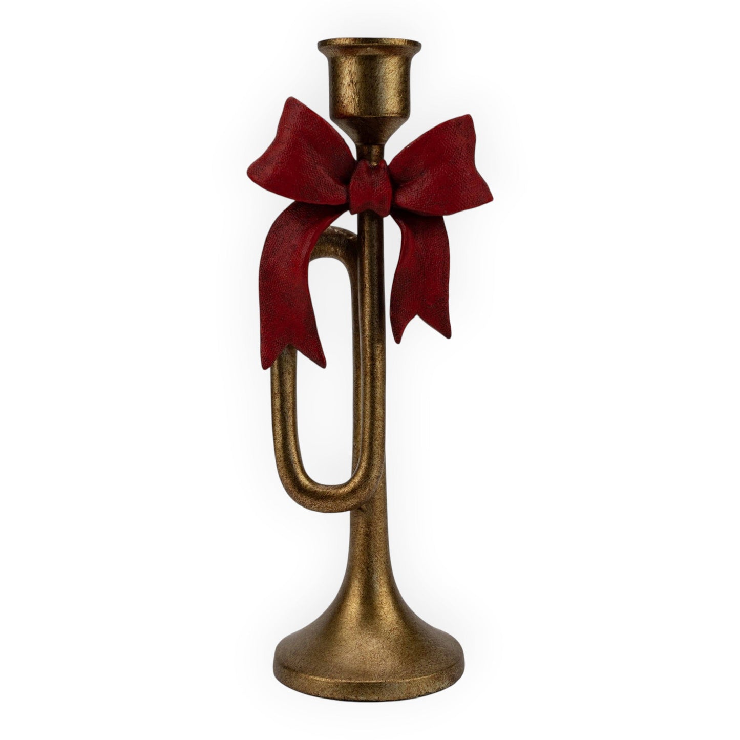 Gold Trumpet Red Bow Candle Holder - 26cm