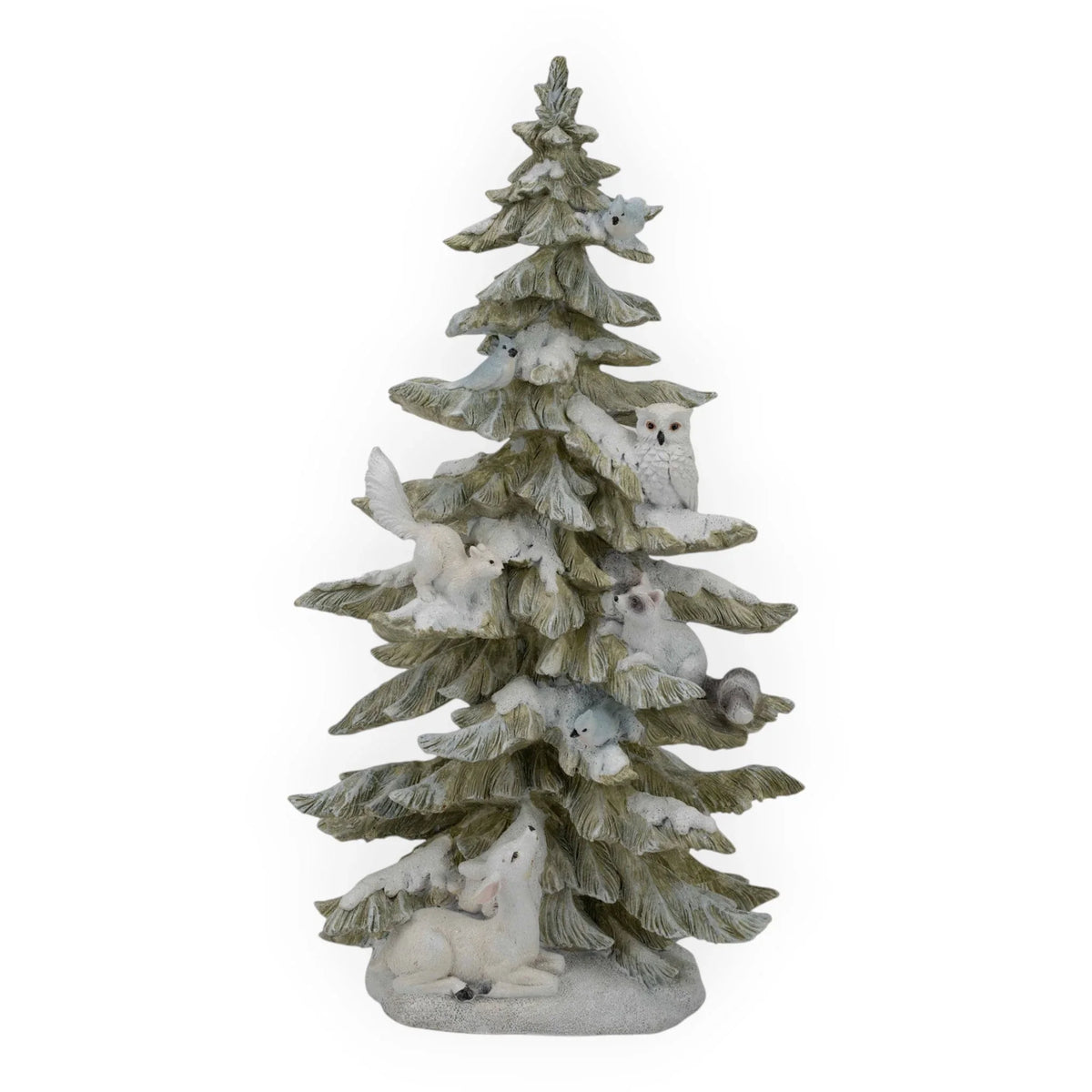 Snowy pine tree figurine with owl, deer, squirrel, and birds for winter home décor