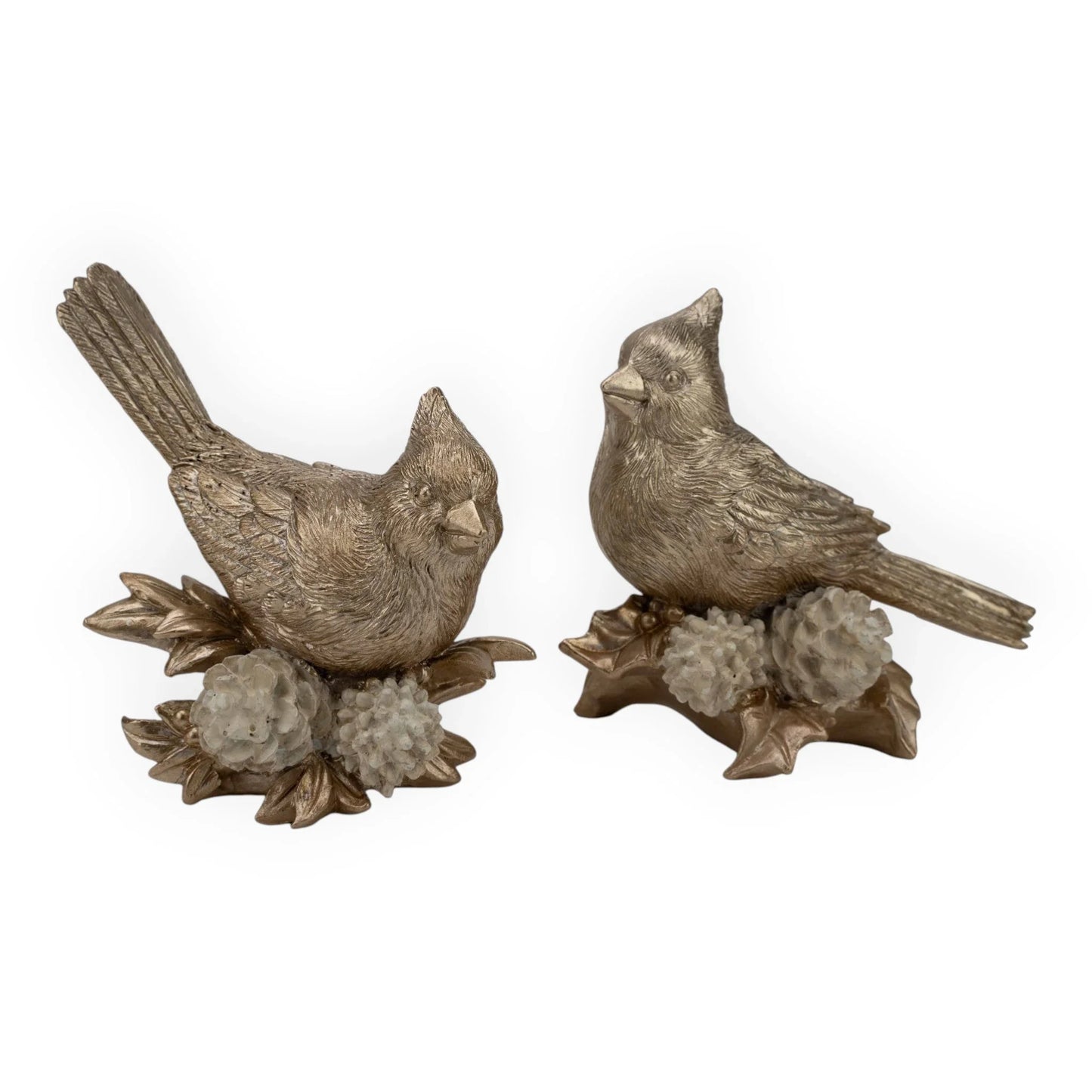 Set of two bronze cardinal bird figurines with pinecones, elegant home décor accents