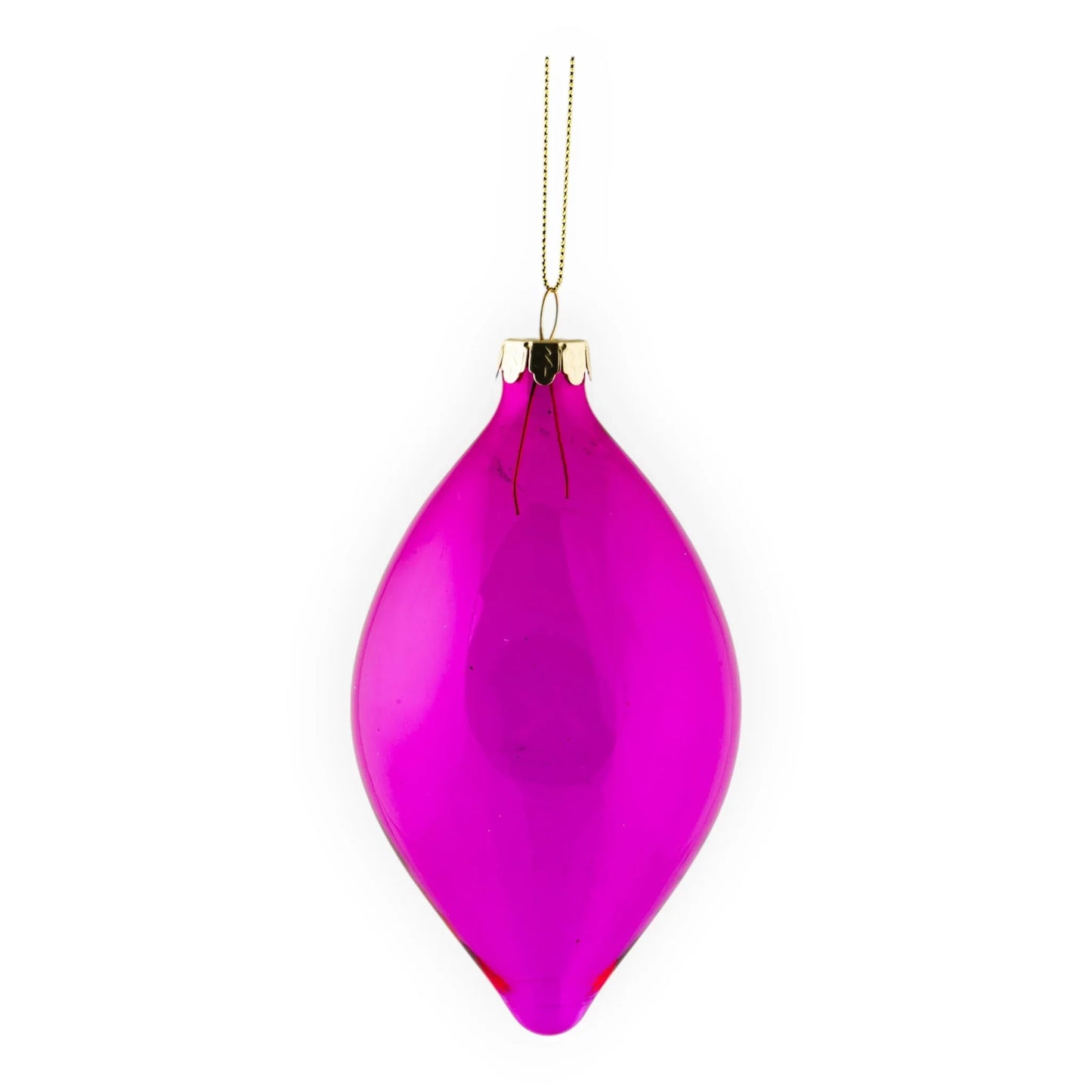 Vibrant magenta teardrop glass Christmas ornament with gold cap and hanging string, perfect for festive home décor.