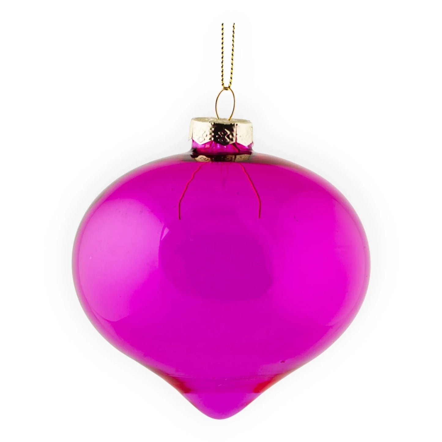 Vibrant pink glass Christmas ornament with gold cap and hanging loop, perfect for festive home décor