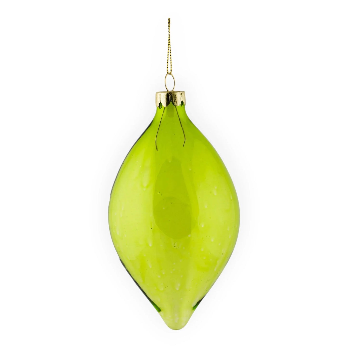 Lime green glass teardrop Christmas ornament with gold cap and hanging loop, perfect for festive home décor