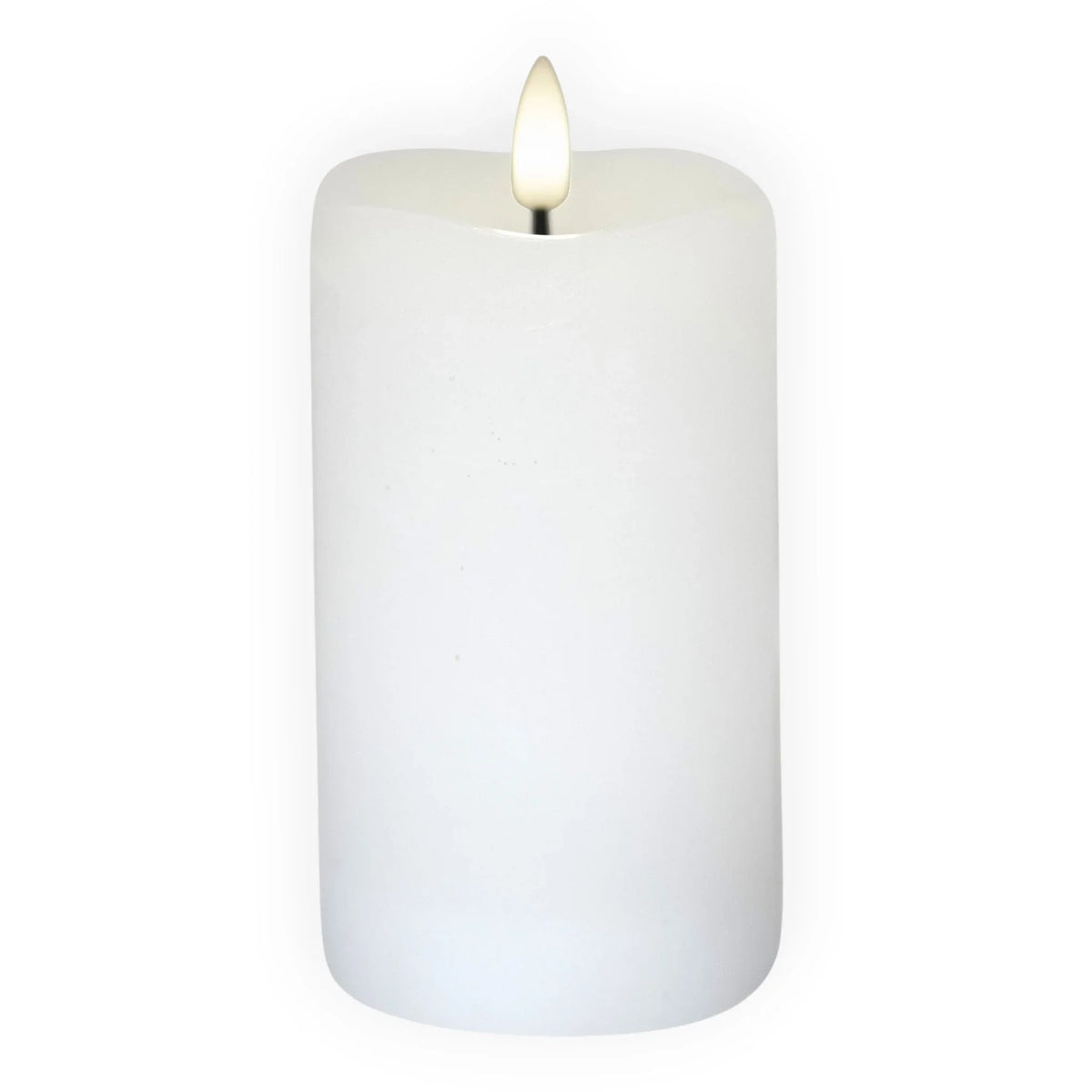 White LED pillar candle with flickering flame, perfect for home décor and ambient lighting