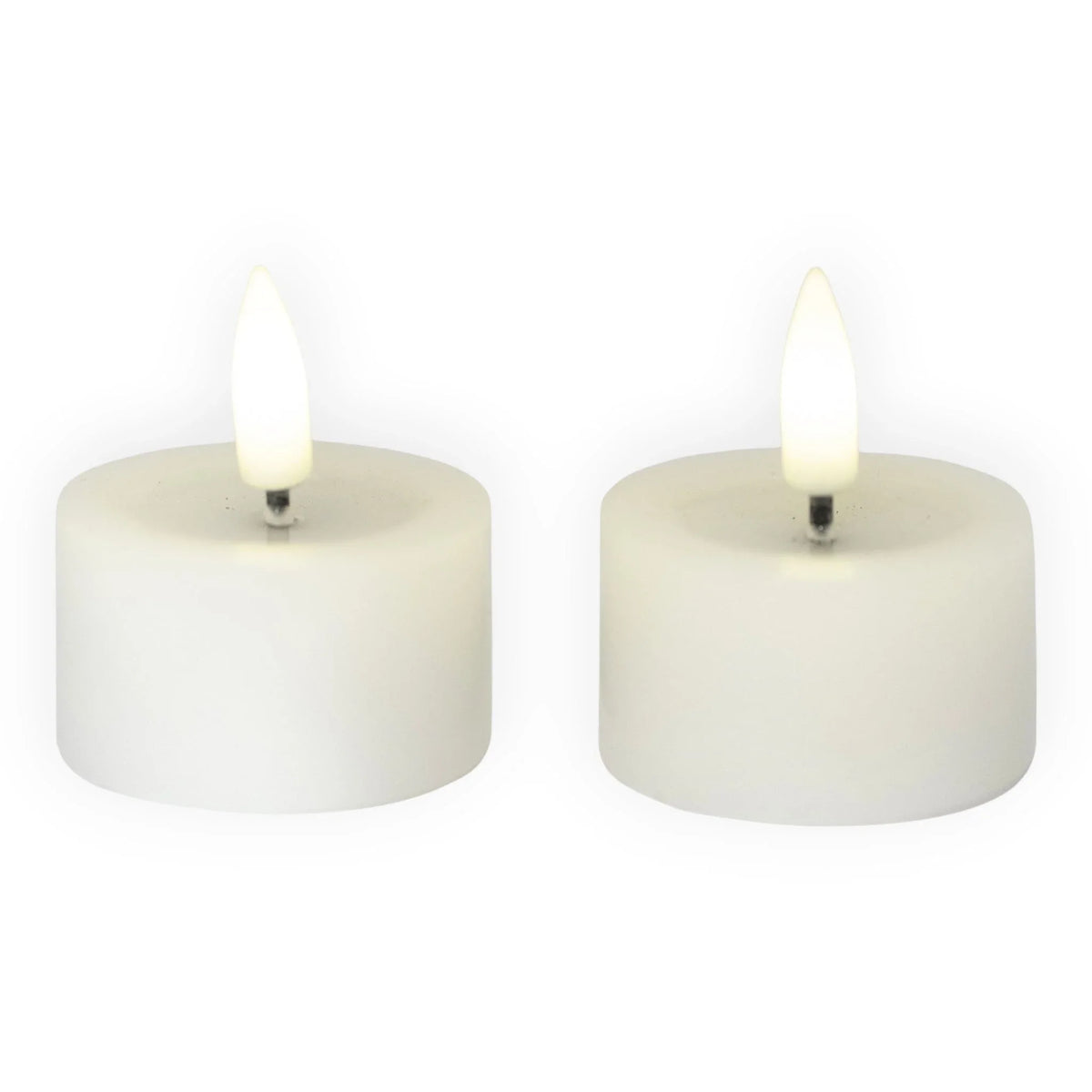 Two white LED tea light candles with flickering flame effect, ideal for home décor and ambient lighting