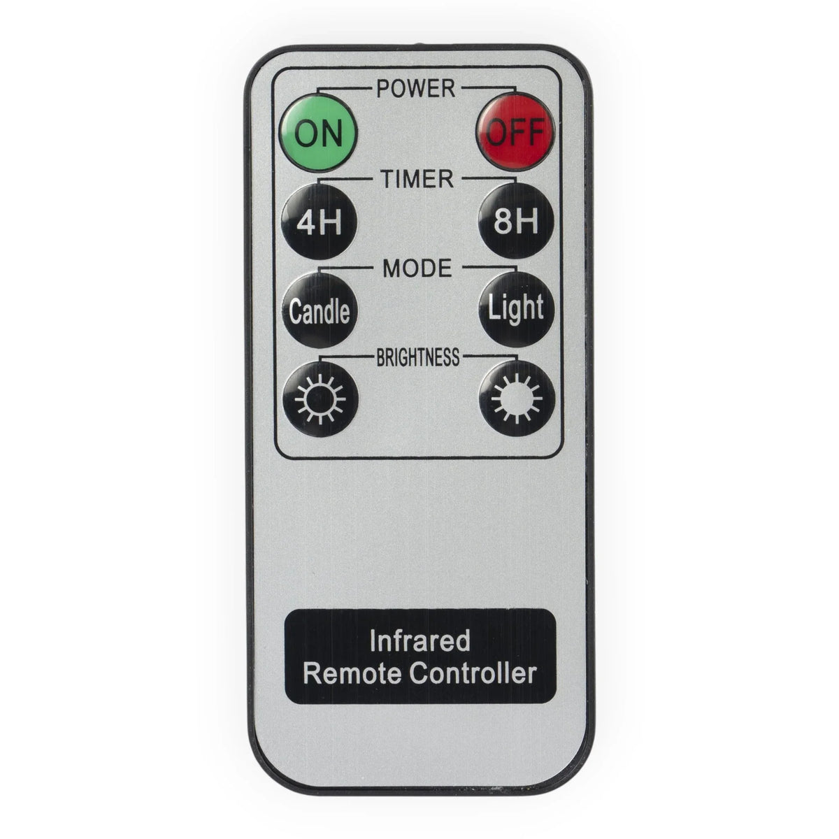 Infrared remote controller for LED candles with power, timer, mode, and brightness controls