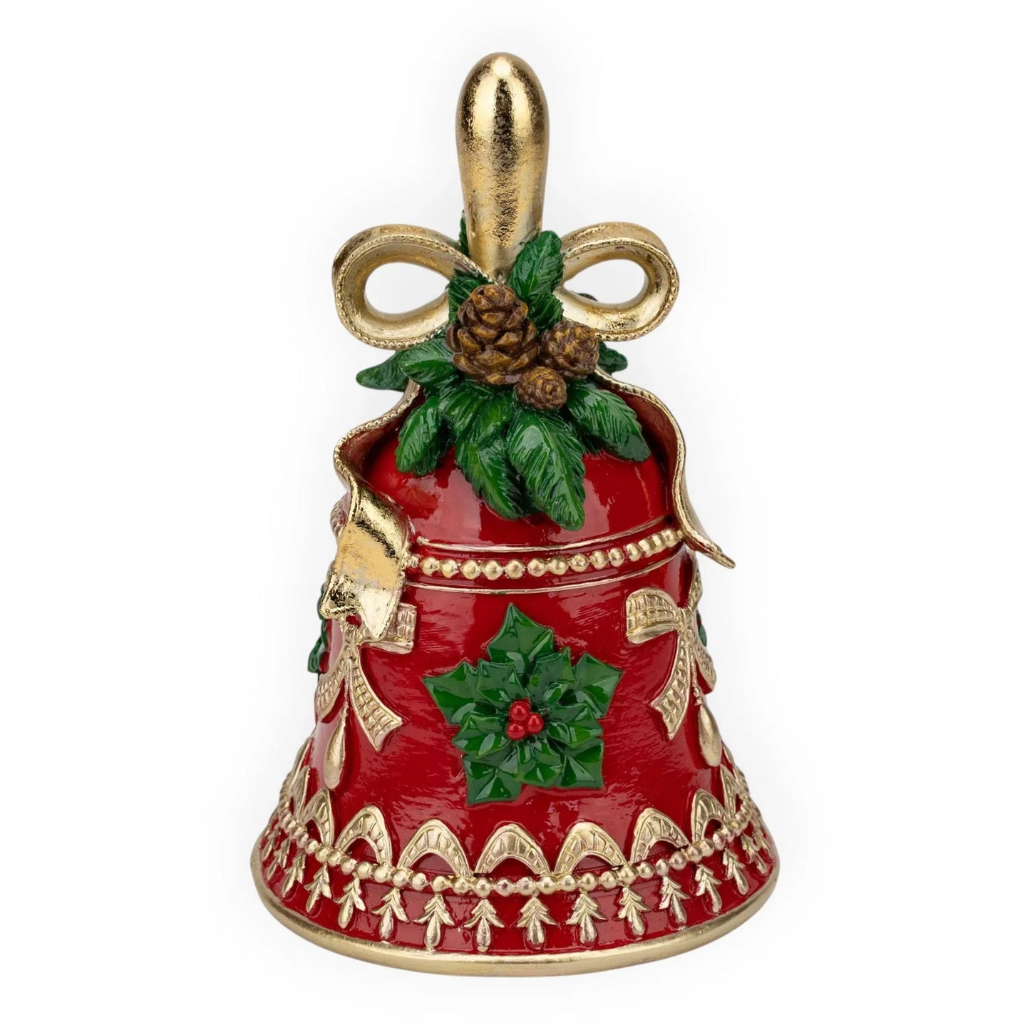 Red and gold Christmas bell ornament with holly, pinecones, and ribbon details for festive home dΓ©cor