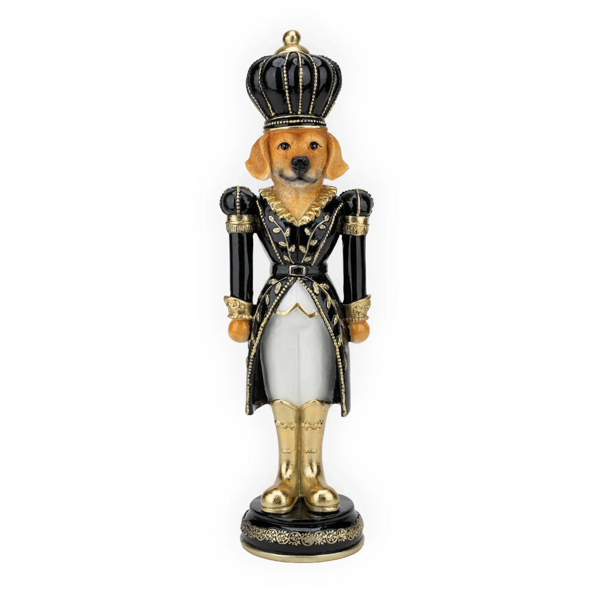 Dog nutcracker figurine in black and gold royal attire with crown, home décor accent piece