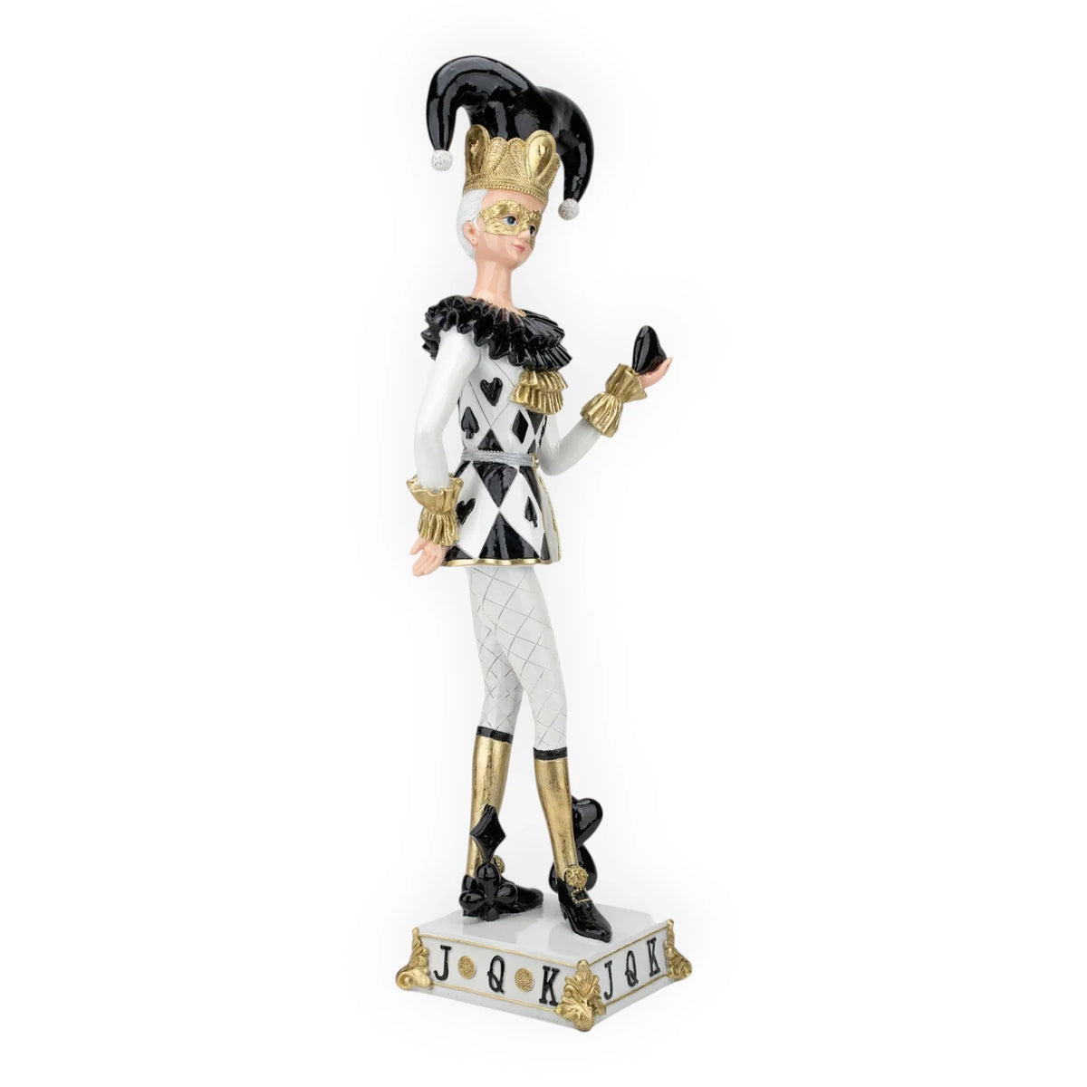 Black and white jester figurine with gold accents, wearing mask and crown, standing on decorative base with JQK letters