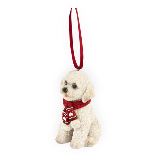 White puppy Christmas ornament with red scarf, festive holiday décor for tree or home