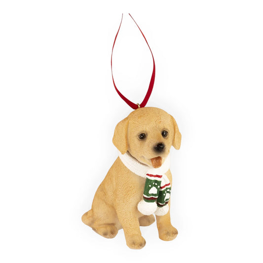 Adorable puppy Christmas ornament with festive scarf, perfect for holiday home décor and tree decorations.