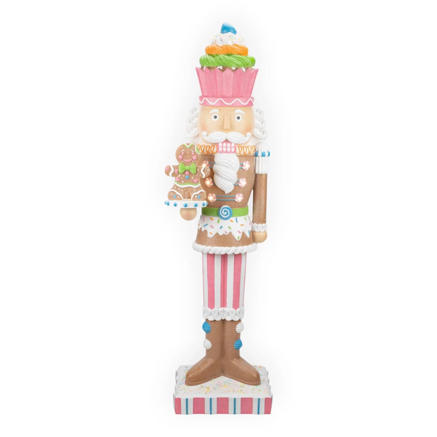 Candy-themed nutcracker holding gingerbread man, festive home decor with cupcake hat and striped legs