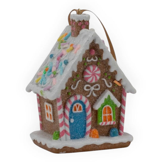 Colorful gingerbread house ornament with candy canes, sprinkles, and peppermint decor for Christmas tree