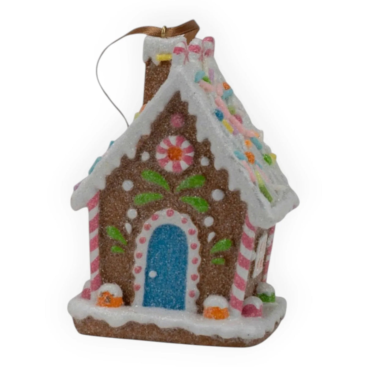 Gingerbread house ornament with candy decorations, blue door, and snow accents for Christmas décor