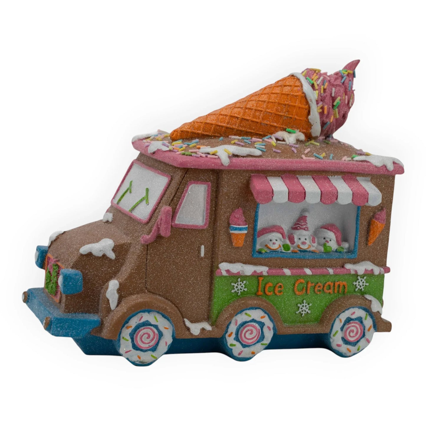 Whimsical ice cream truck figurine with giant cone, sprinkles, and festive snowmen, perfect for home décor
