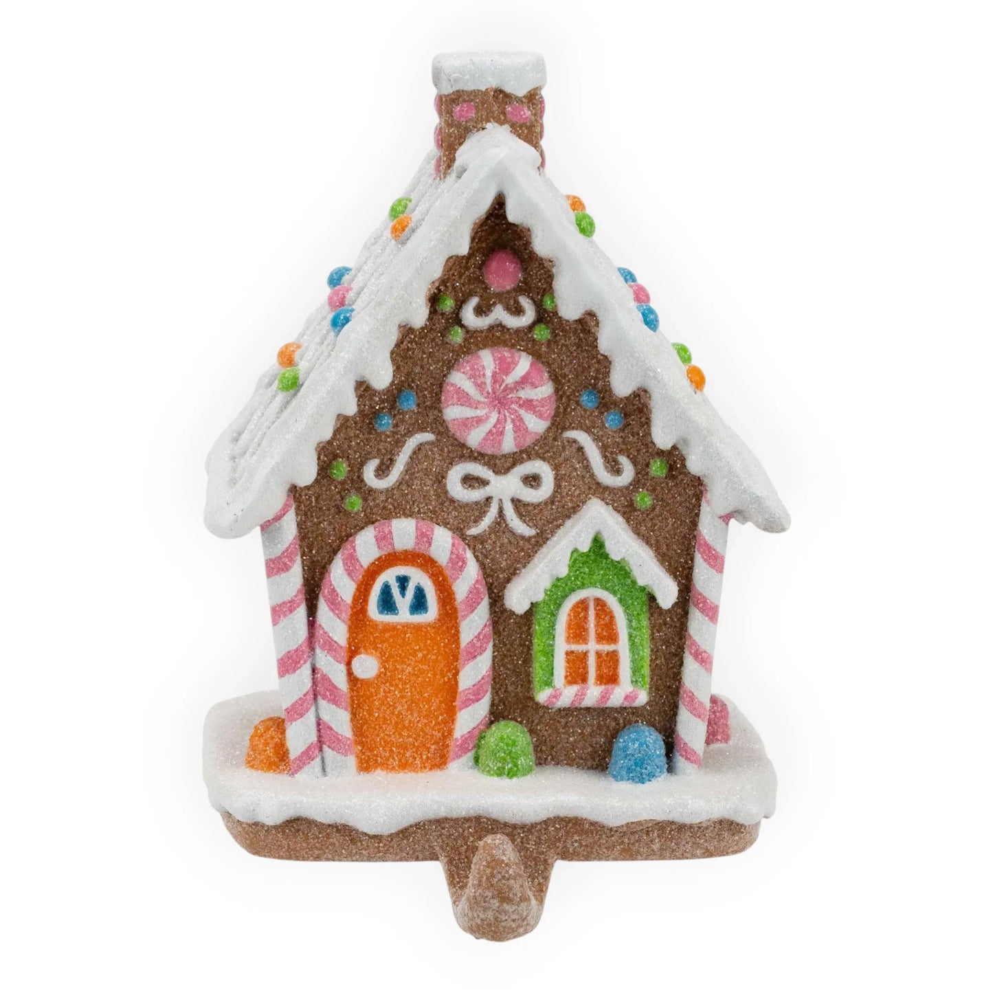Glittery gingerbread house ornament with candy canes, peppermint swirl, and colorful icing details for festive home décor