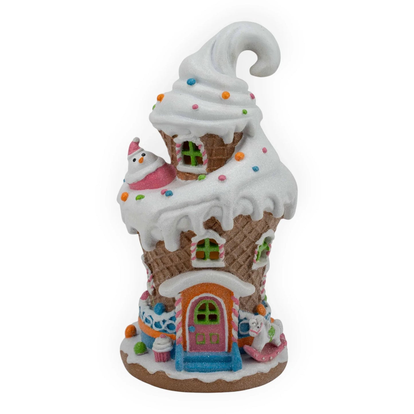 Whimsical ice cream cone house figurine with sprinkles, snowman, and rocking horse, perfect for festive home décor