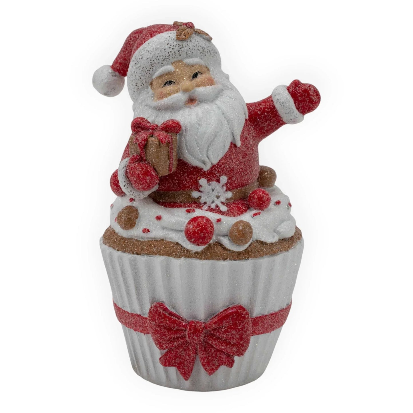 Glittery Santa Claus figurine on a festive cupcake with red bow, holiday home decor