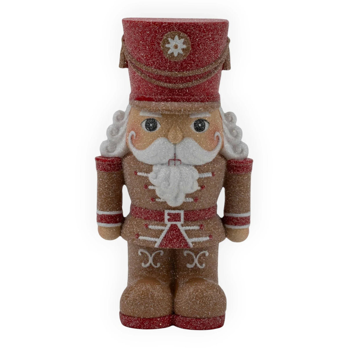 Glittery red and gold nutcracker figurine with white beard, perfect for Christmas home décor and holiday displays.