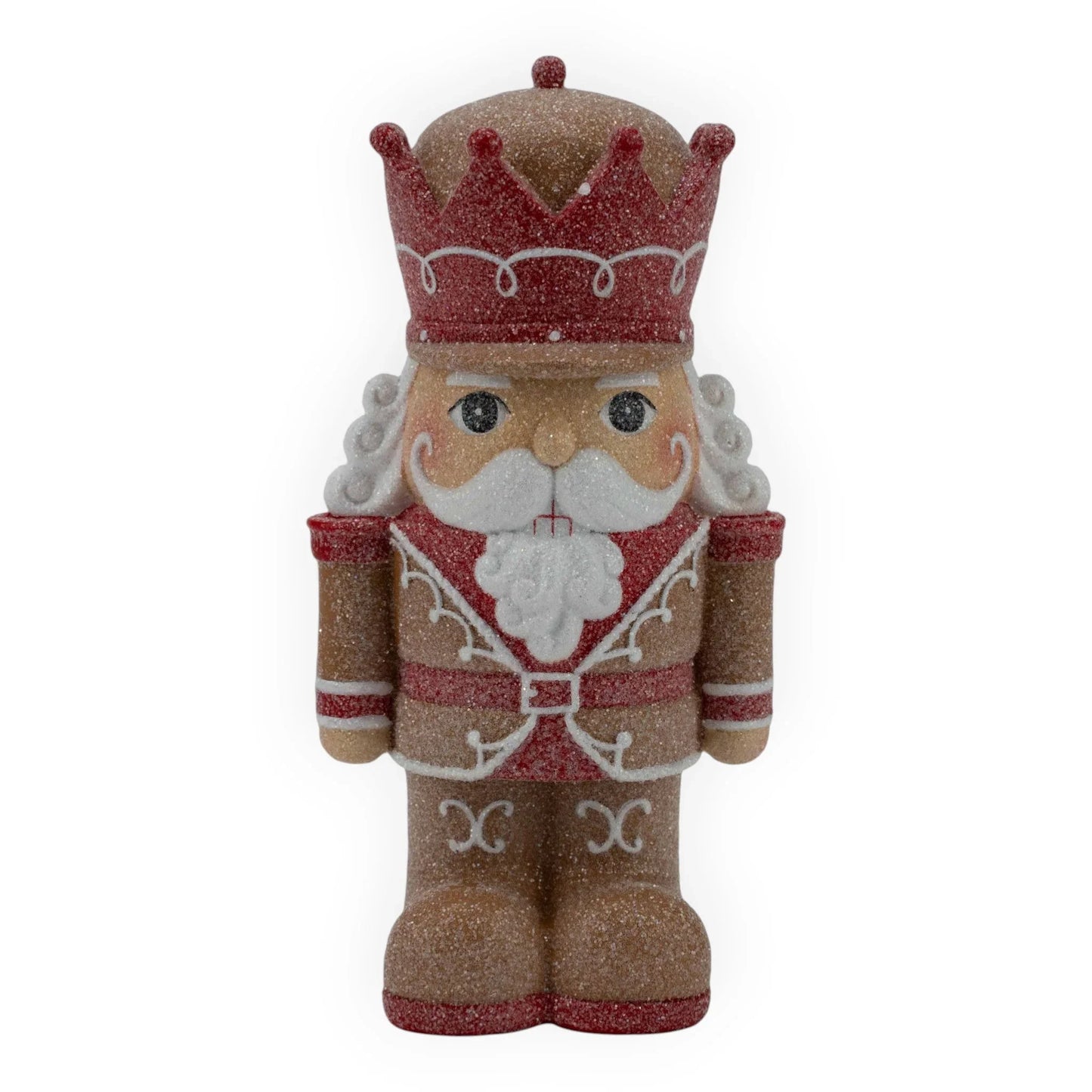 Glittery red and gold nutcracker figurine with crown, perfect for festive home décor and Christmas displays.