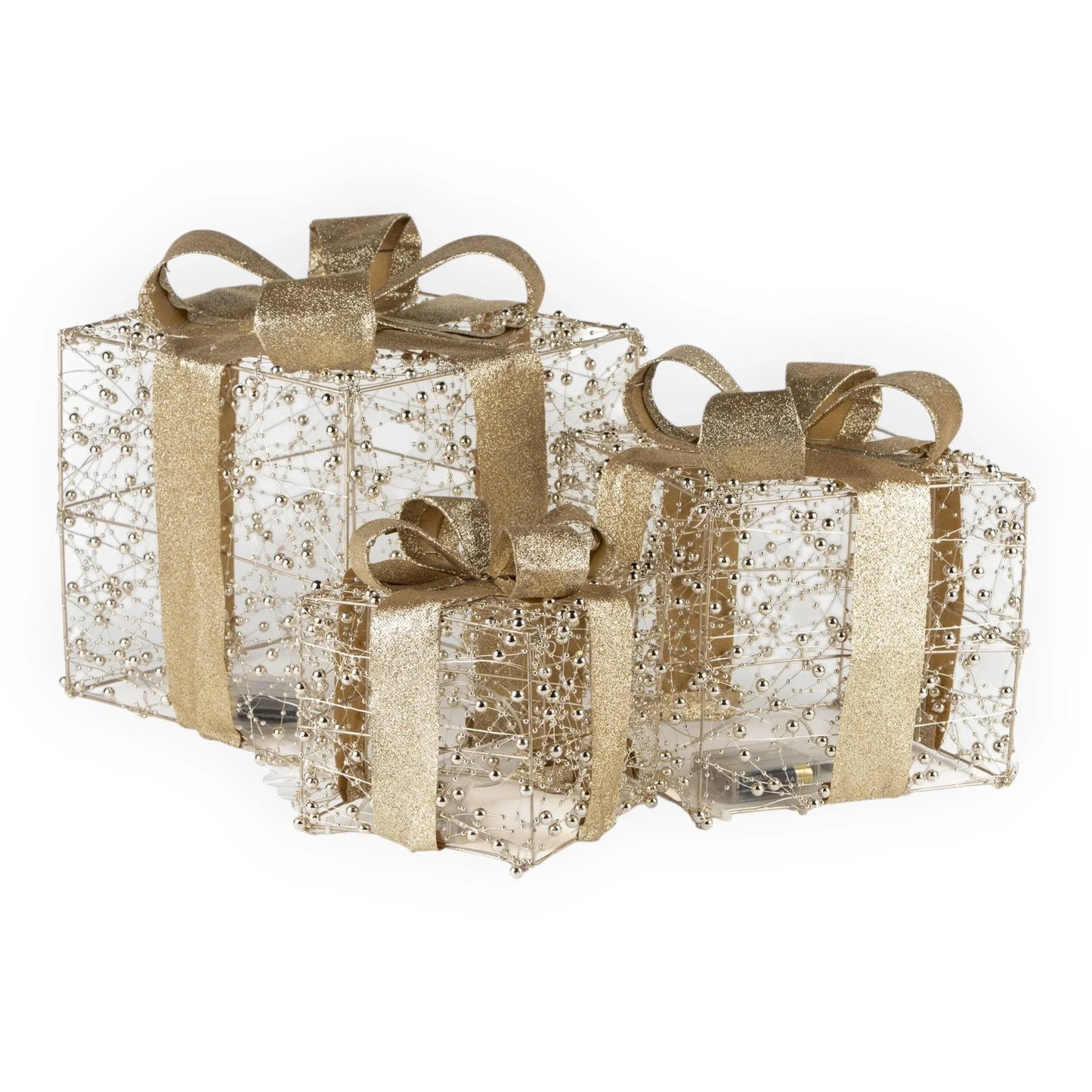 Elegant gold wire gift boxes with glitter ribbons, perfect for luxury home décor and festive styling.