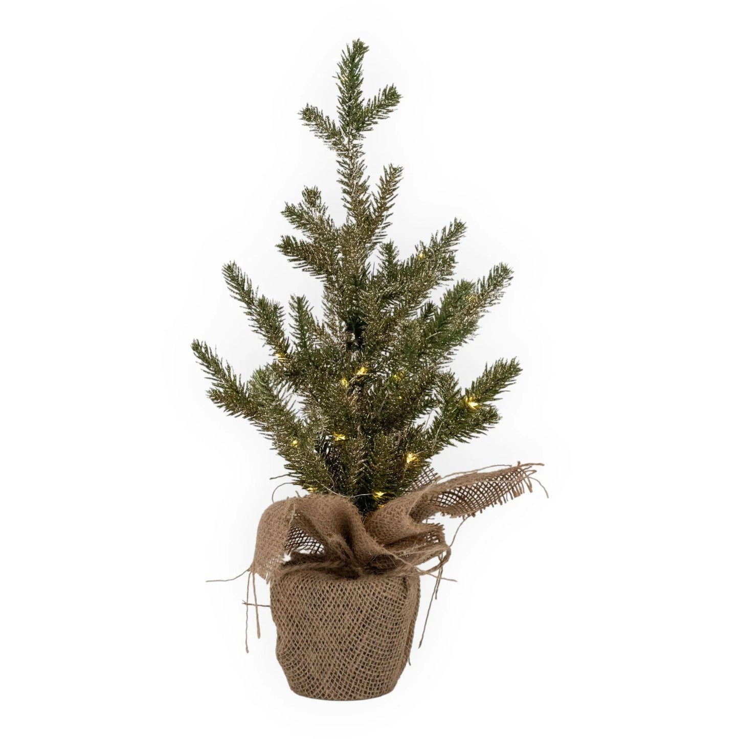 Small lit Christmas tree in burlap sack, festive home décor with warm lights