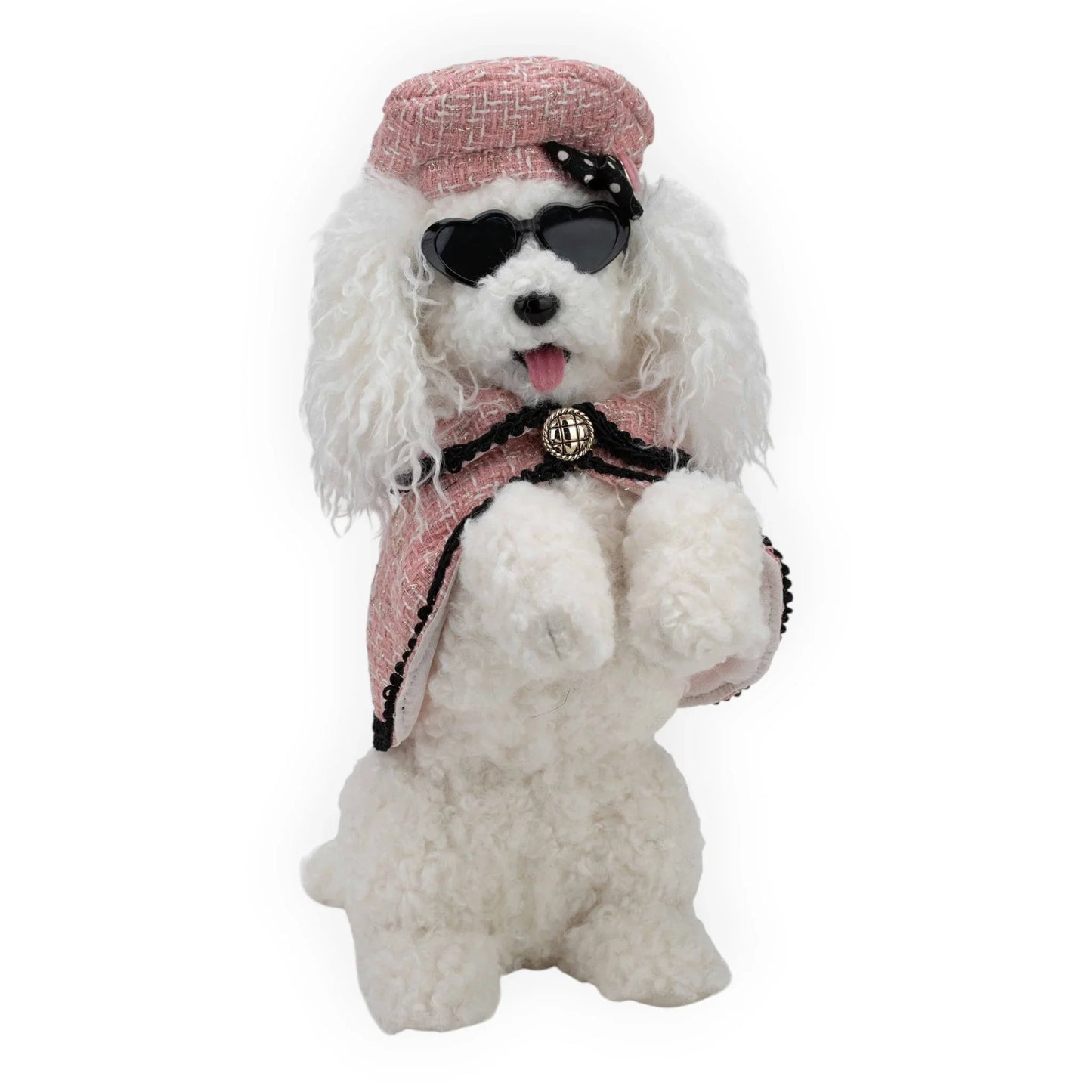 Stylish white poodle figurine in pink tweed coat, hat, and heart-shaped sunglasses for home décor