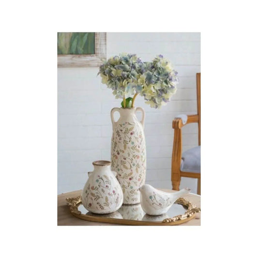 Floral ceramic vase set with hydrangeas, decorative bird, and mirrored tray for home décor