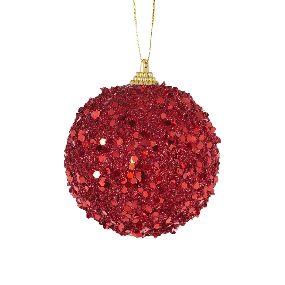 Red glitter Christmas ornament with gold cap and hanging string, festive holiday decoration